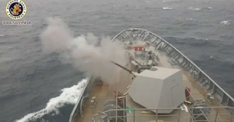 Test-firing of Philippine Navy BRP Jose Rizal's Oto Melara Super Rapid Main Gun Successful