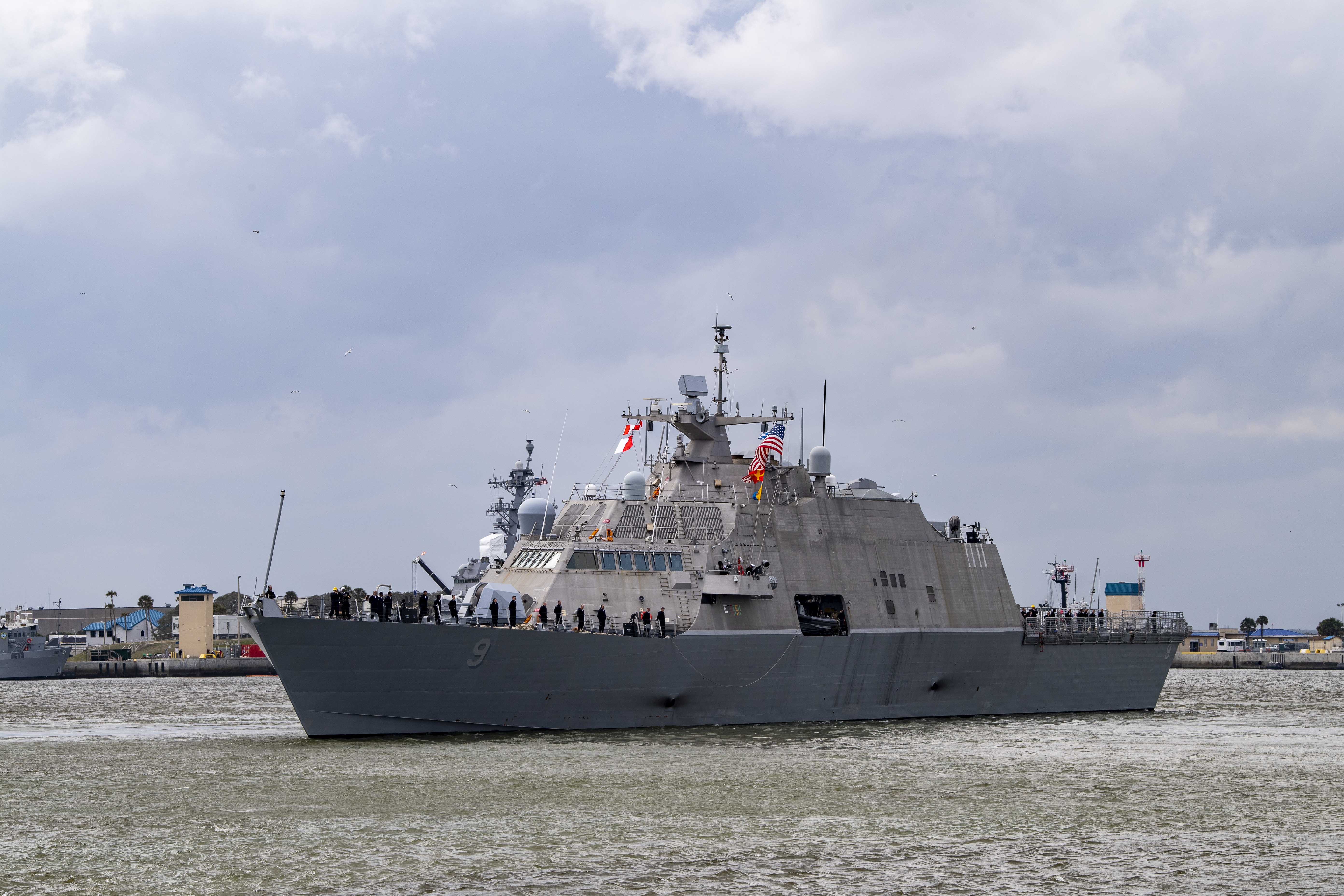 The Freedom-variant littoral combat ship USS Little Rock (LCS 9) departs Naval Station Mayport for the ship's maiden deployment, Feb. 6, 2020. 