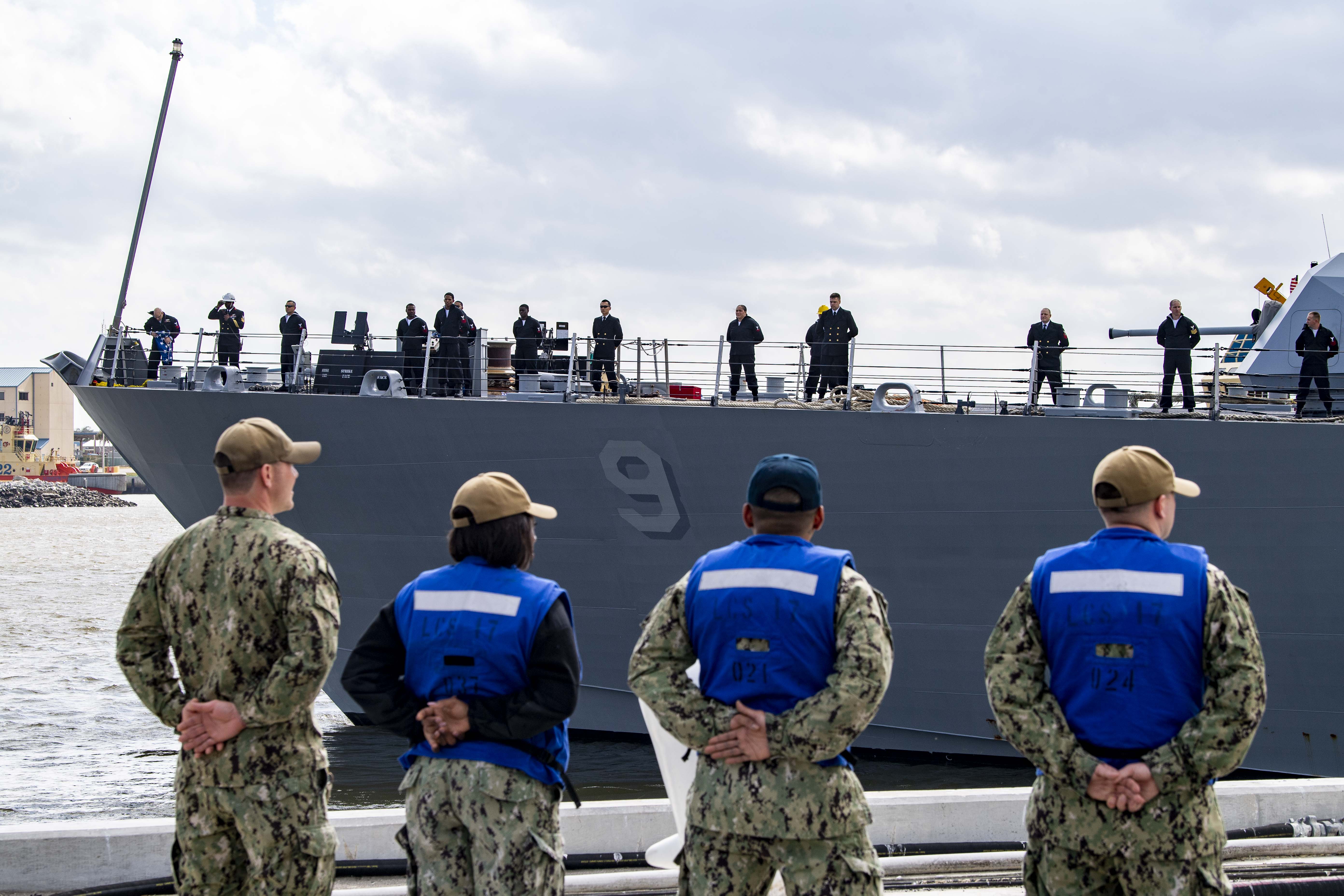 Sailors man the rails aboard the Freedom-variant littoral combat ship USS Little Rock (LCS 9), Feb. 6, 2020. 
