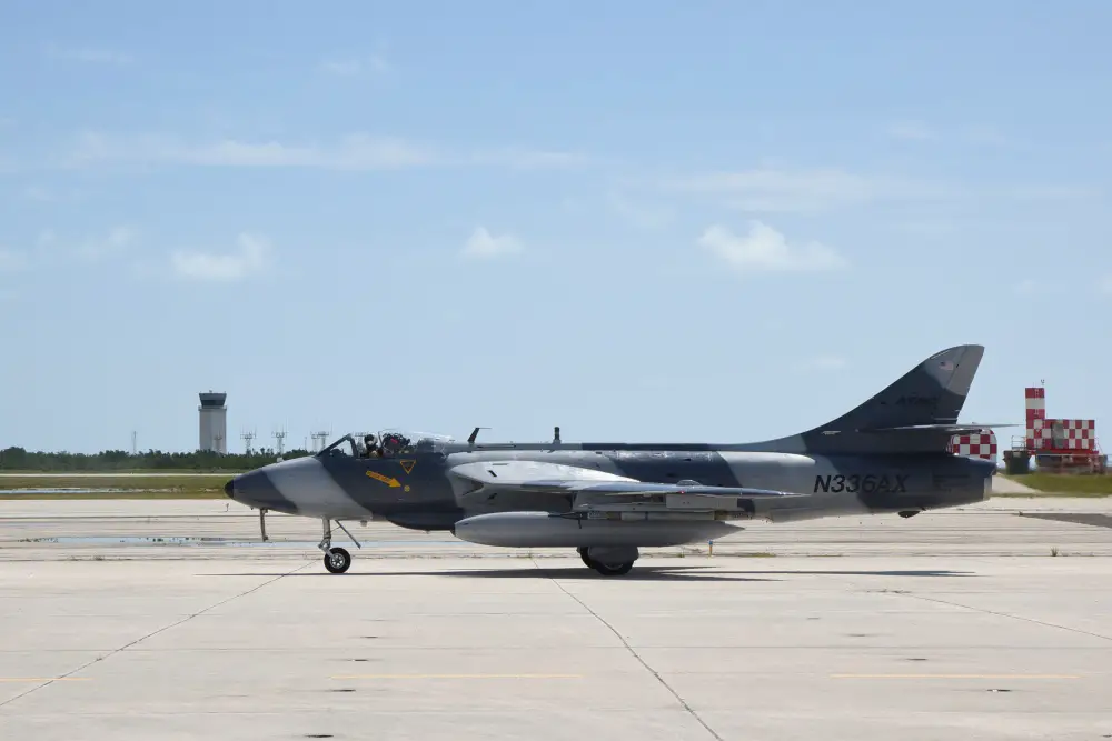  An MK-58 Hawker Hunter from Airborne Tactical Advantage Company prepares to take off at Naval Air Station Key West. Naval Air Station Key West is the state-of-the-art facility for combat fighter aircraft of all military services, provides world-class pierside support to U.S. and foreign naval vessels, and is the premier training center for surface and subsurface military operations. 