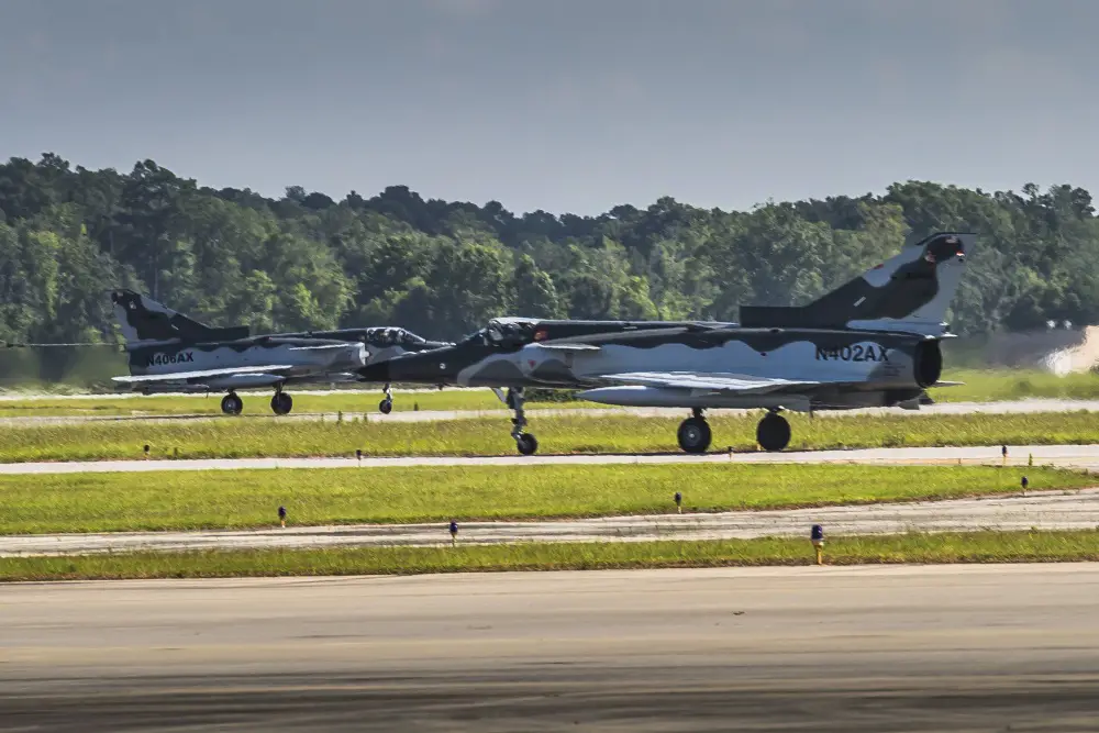 Two F-21 KFIRs from Airborne Tactical Advantage Company (ATAC) taxi on the flight line aboard Marine Corps Air Station Beaufort.