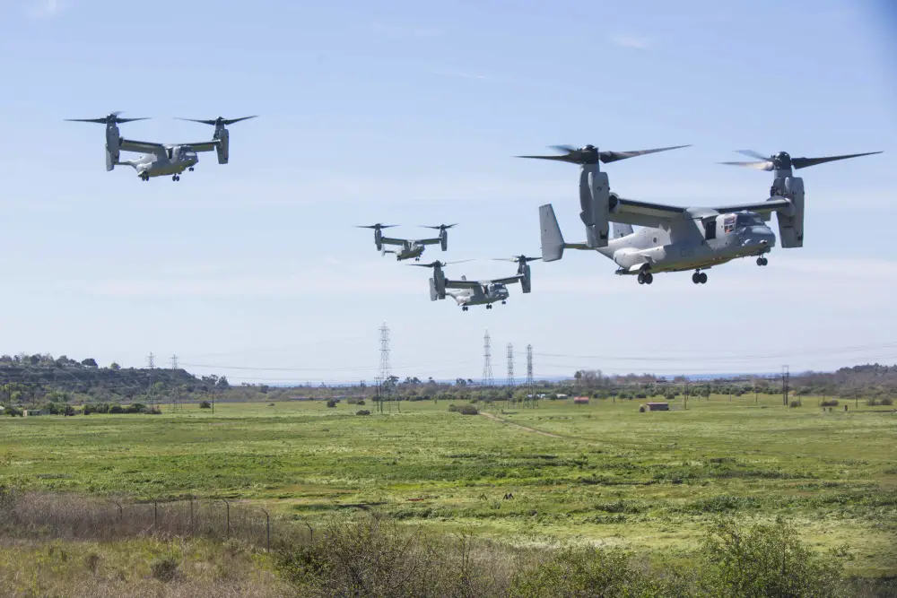 Four MV-22B Ospreys assigned to Marine Tiltrotor Squadron (VMM) 362, Marine Aircraft Group (MAG) 16, 3rd Marine Aircraft Wing (MAW), land near a simulated weapons engagement zone during an air assault in support of 1st Battalion, 3rd Marine Regiment, at Camp Pendleton, Calif., Feb. 26, 2020.