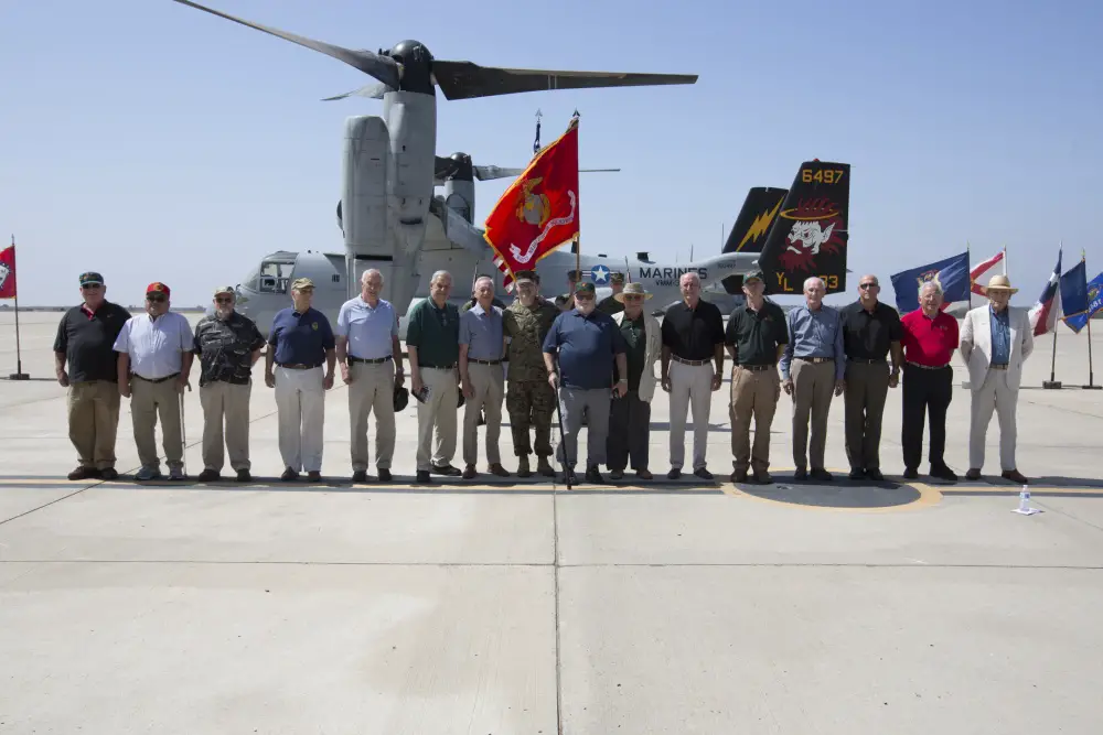 Former Marine Heavy Helicopter Squadron (HMH) 362 members gather during the Marine Medium Tiltrotor Squadron (VMM) 362, Marine Aircraft Group 16, 3rd Marine Aircraft Wing, activation ceremony at Marine Corps Air Station Miramar, Calif., Aug. 17.