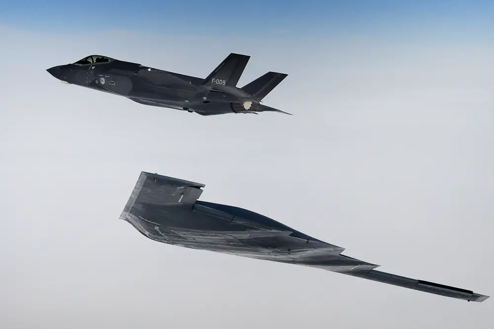 A U.S. B-2A Spirit bomber assigned to the 509th Bomb Wing and a Royal Netherlands air force F-35A conduct aerial operations in support of Bomber Task Force Europe 20-2 over the North Sea March 18, 2020.