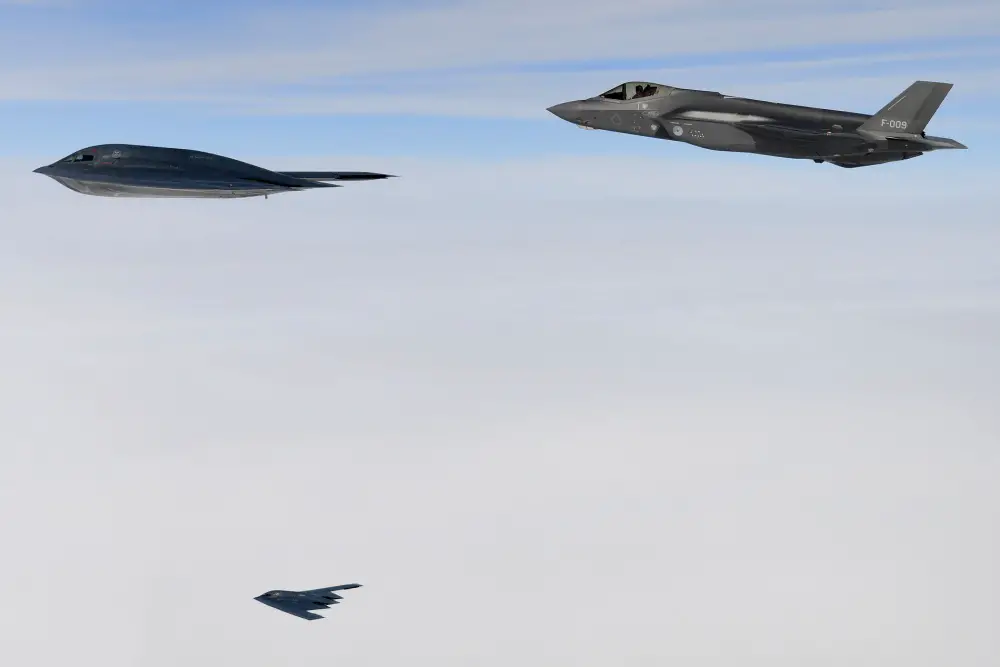 U.S. B-2A Spirit bombers assigned to the 509th Bomb Wing and a Royal Netherlands air force F-35A conduct aerial operations in support of Bomber Task Force Europe 20-2 over the North Sea March 18, 2020.