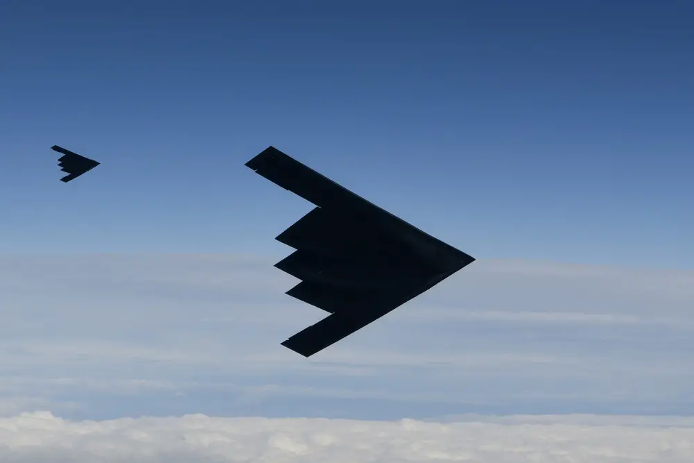 Two B-2A Spirit of Bomber Task Force Europe 20-2 over the North Sea March 12, 2020.