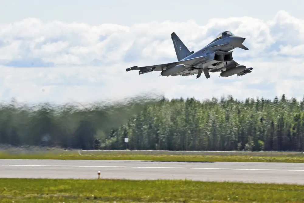 German Air Force Eurofighter Typhoon launches from the runway, Eielson Air Force Base, Alaska. 