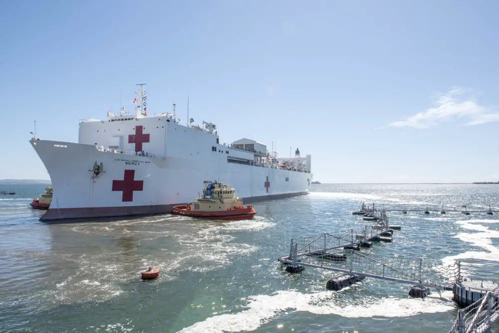  Military Sealift Command hospital ship USNS Mercy (T-AH 19) departs Naval Base San Diego, March 23. 