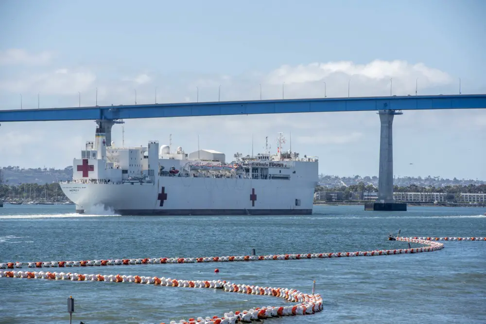 Military Sealift Command hospital ship USNS Mercy (T-AH 19) departs Naval Base San Diego, March 23. 
