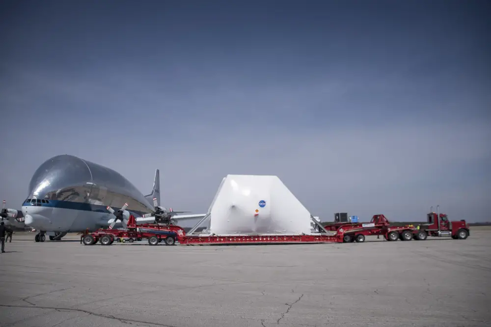 NASA's Aero Spacelines Super Guppy loads the Orion spacecraft at Mansfield-Lahm Regional Airport March 23, 2020. 