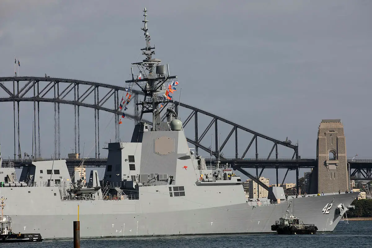 NUSHIP Sydney prepares to berth at Fleet Base East, Garden Island in Sydney, for the first time on 27 March 2020.