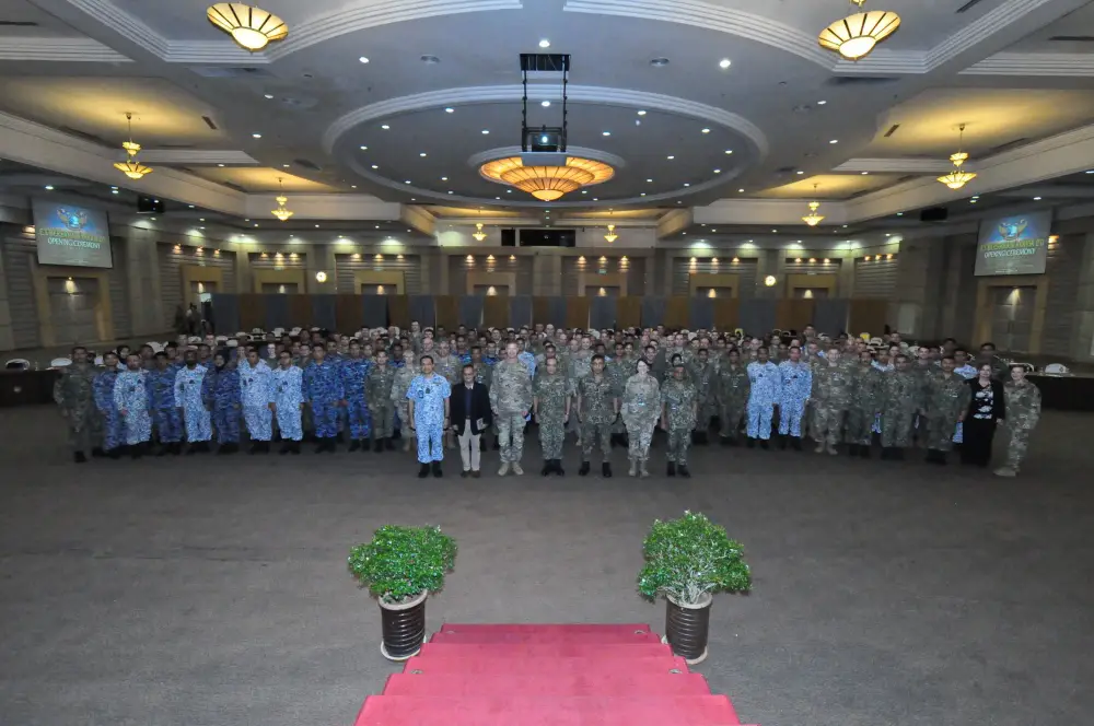 Bersama Warrior exercise participants gather during the exerciseâ€™s opening ceremony on March 11, 2020 at the Malaysia Armed Forces Joint Force Headquarters in Kuala Lumpur. Bersama Warrior is an annual joint and bilateral exercise sponsored by U.S. Indo-Pacific Command and hosted by the Malaysian Armed Forces.