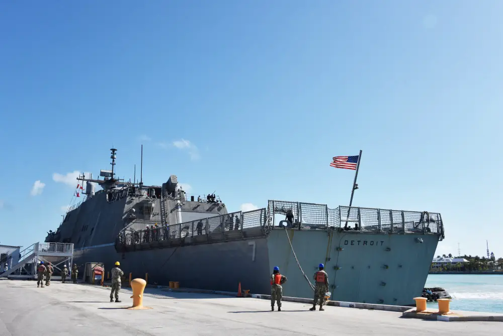 Freedom-class littoral combat ship USS Detroit (LCS 7) docks at Naval Air Station Key West's Truman Harbor during a port visit to conduct emergent repairs. 