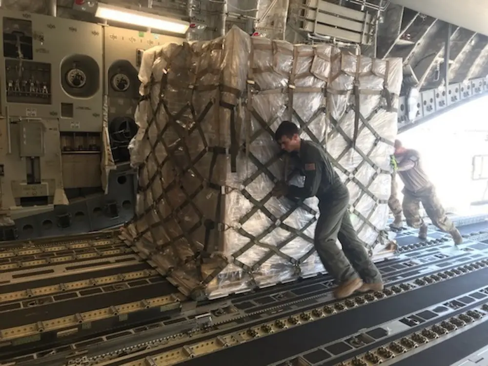 The 167th Airlift Wing transported just over one million COVID-19 test kits from Aviano Air Base, Italy to Memphis, Tenn., April 16, 2020. The test kits, which are maunufactured in Italy, will be distributed throughout the nation from the Fed Ex hub in Tennessee. Eighteen pallets filled the cargo compartment of the C-17 Globemaster III aircraft, crewed by seven 167th AW Airmen. (U.S. Air National Guard photos by Maj. Tim Siemer)