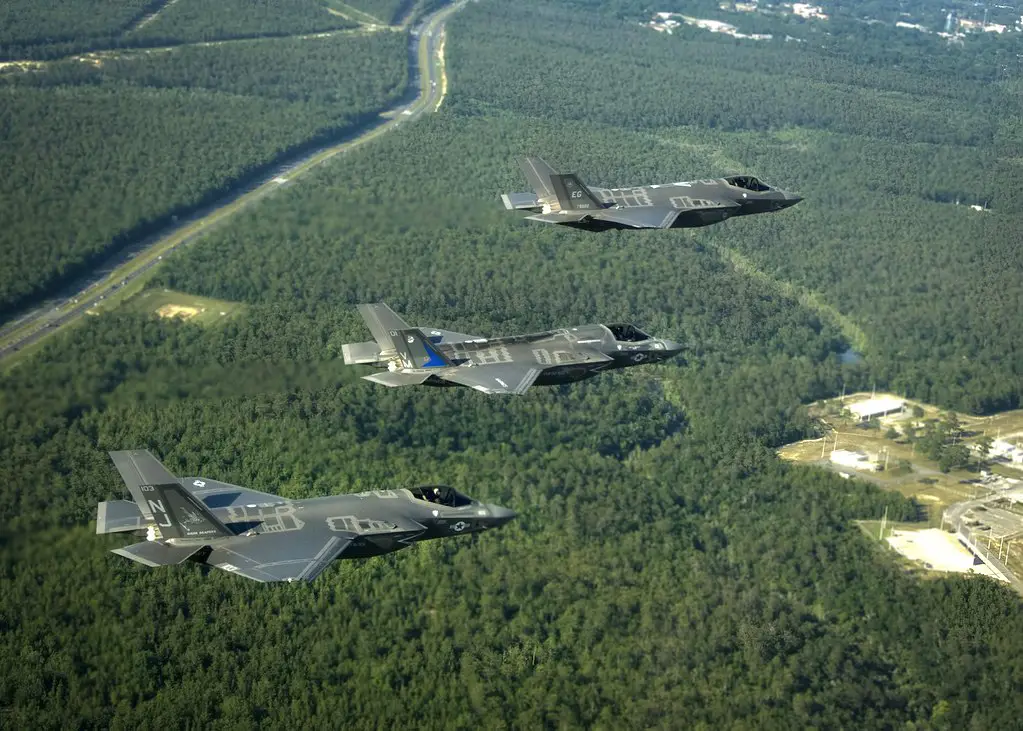 A U.S. Navy Lockheed Martin F-35C Lightning II of Strike Fighter Squadron 101 (VFA-101), a U.S. Marine Corps F-35B of Marine Fighter Attack Training Squadron 501 (VMFAT-501), and a U.S. Air Force F-35A of the 58th Fighter Squadron participate in a training sortie together, near Eglin Air Force Base, Florida.
