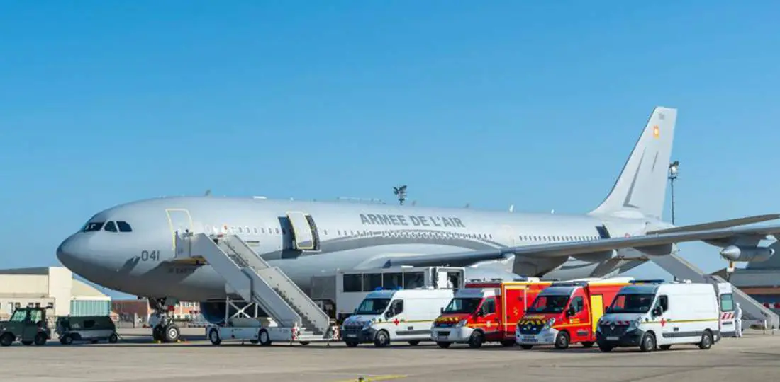 Setup of the A330 with ambulance cars to begin medical evacuation of intensive care patient in support France's fight against COVID-19. Photo courtesy French Air Force