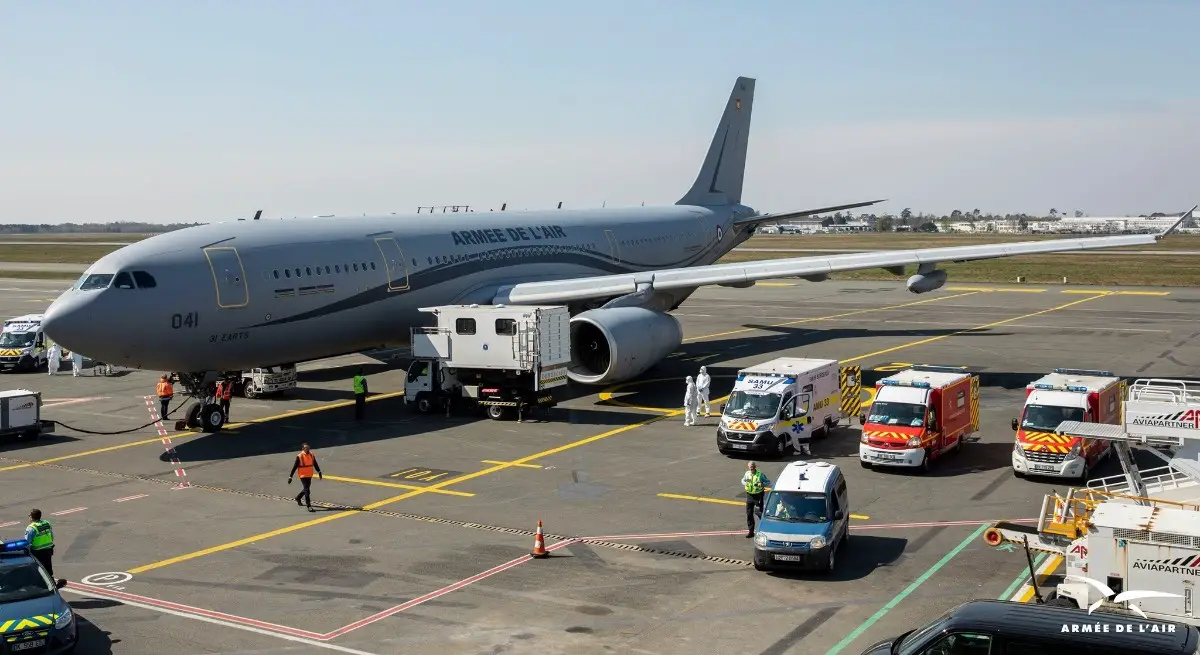 Setup of the A330 with ambulance cars to begin medical evacuation of intensive care patient in support France's fight against COVID-19. Photo courtesy French Air Force