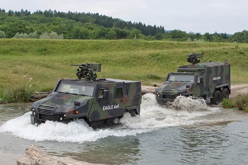 The GDELS EAGLE 4x4 and 6x6 family uses the same chassis and drive train components, offering unmatched payload/gross vehicle weight ratio and a flexible internal layout to support various mission roles.