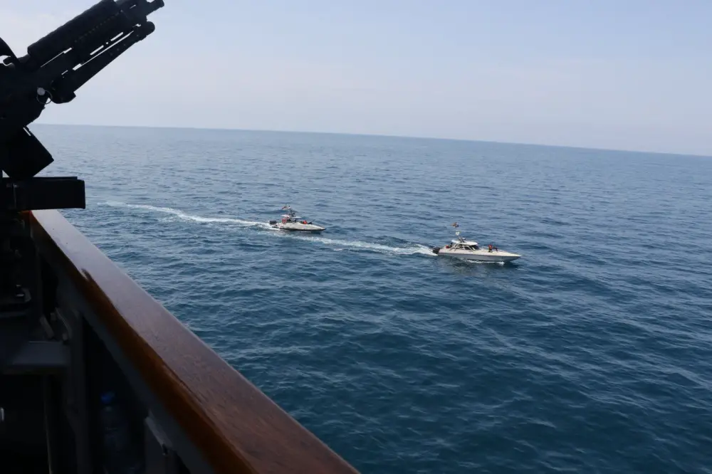 Iranian Islamic Revolutionary Guard Corps Navy (IRGCN) vessels conducted unsafe and unprofessional actions against U.S. Military ships by crossing the ships' bows and sterns at close range while operating in international waters of the North Arabian Gulf. The guided-missile destroyer USS Paul Hamilton (DDG 60) is conducting joint interoperability operations in support of maritime security in the U.S. 5th Fleet area of operations. (U.S. Navy photo)