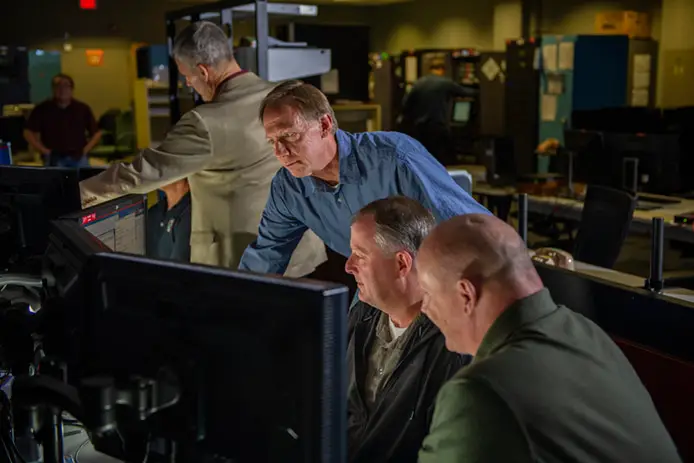 Raytheon operators man GPS OCX Launch and Checkout System workstations at Schriever Air Force Base, Colorado. Raytheon's GPS OCX system is helping with the launch and checkout of the new navigation satellites.