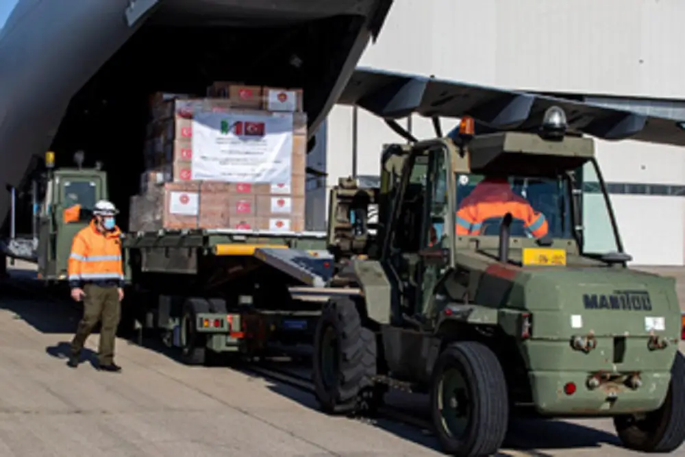 Turkish Air Force A-400M carrying medical supplies donated by Turkey