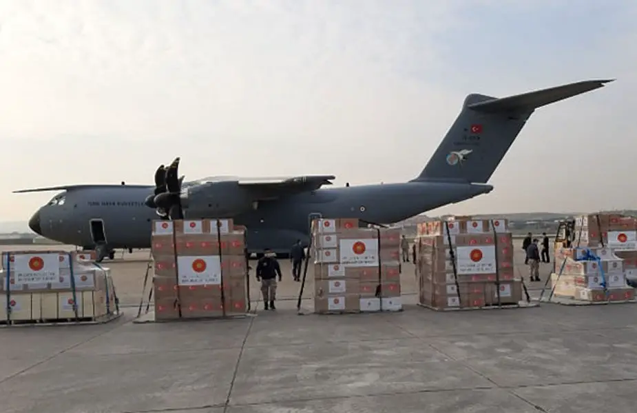 Turkish Air Force A-400M carrying medical supplies donated by Turkey