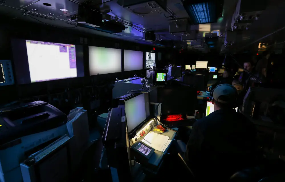Sailors assigned to USS Gerald R. Ford's (CVN 78) combat systems department stand watch in the ship's combat direction center (CDC) during sea based developmental testing (SBDT). SBDT is conducted to stress the ship's combat system capabilities to include the integration of new technologies Dual Band Radar with Rolling Airframe Missile and Sea Sparrow missiles. 