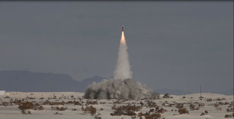 An interceptor missile is launched by U.S. Army soldiers at White Sands Missile Range during Flight Test 5 (FT-5), the most sophisticated and difficult development test yet for the Armyâ€™s Integrated Air and Missile Defense (IAMD) Battle Command System (IBCS), developed by Northrop Grumman. IBCS was used to continuously track two incoming surrogate cruise missile threats and launch two interceptor missiles to successfully destroy them.