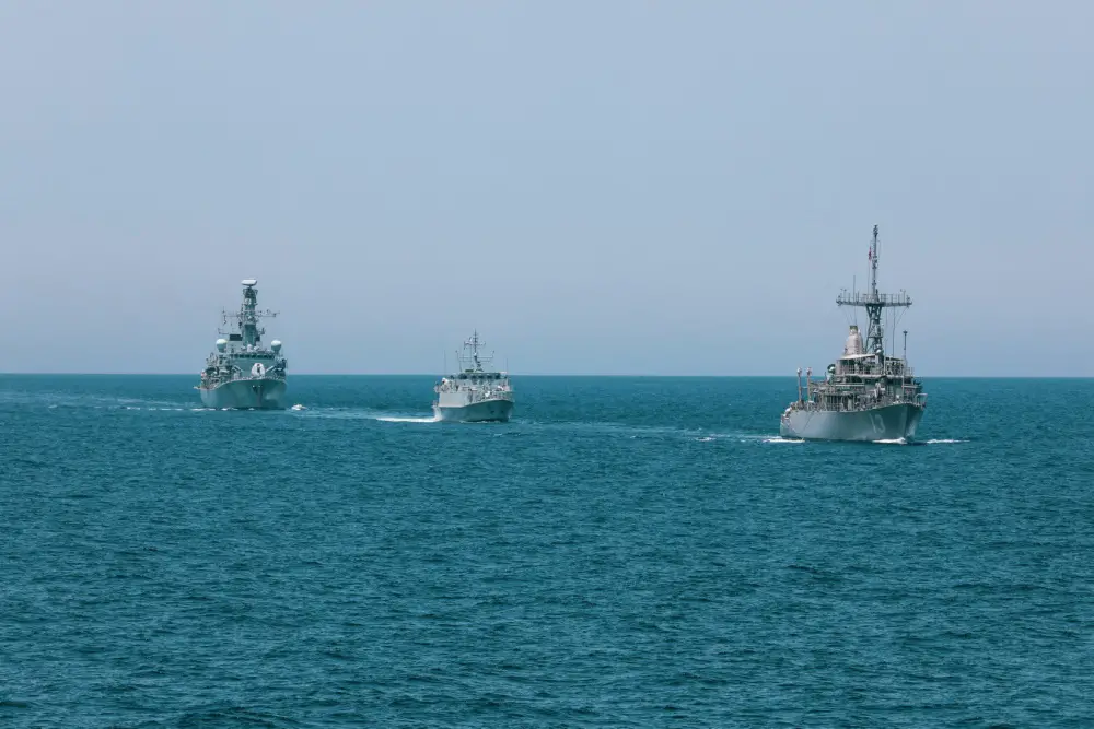  The HMS Argyll, HMS Shoreham and the mine countermeasures ship USS Dextrous (MCM 13) participate in the bilateral Mine Countermeasures Exercise 2020 (MCMEX 20) with the mine countermeasures ship USS Gladiator (MCM 11) in the Arabian Gulf, March 28. Gladiator is forward-deployed to the U.S. 5th Fleet area of operations in support of naval operations to ensure maritime stability and security in the Central region, connecting the Mediterranean and the Pacific through the Western Indian Ocean and three strategic choke points. (U.S. Army photo by Pfc. Christopher Cameron)