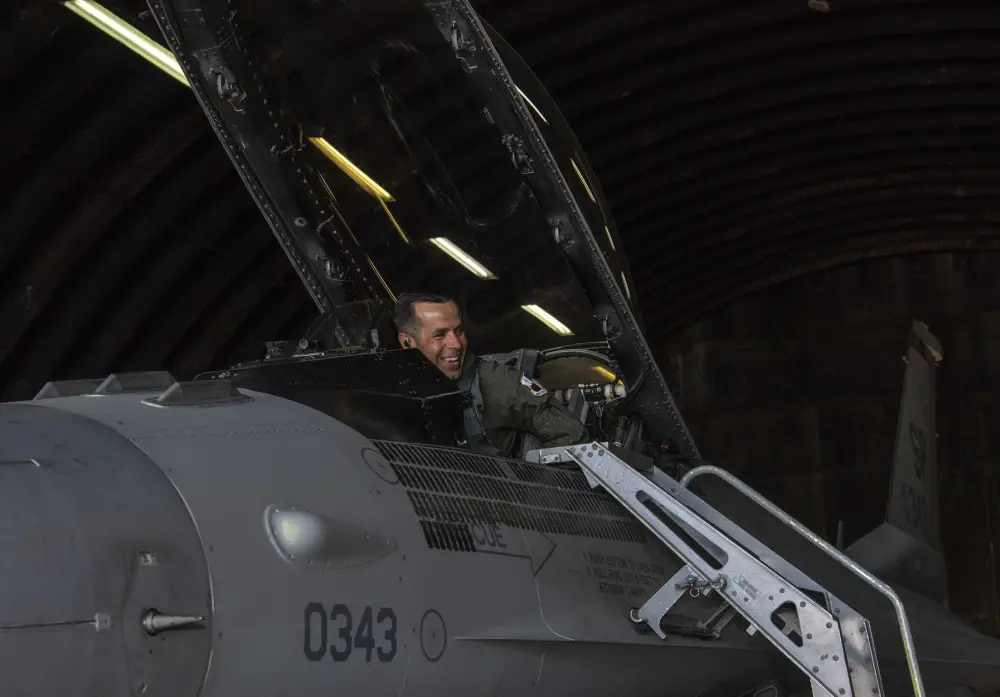 U.S. Air Force Col. Jason Hokaj, 52nd Fighter Wing vice commander, prepares for take-off in aircraft 343, a F-16 Fighting Falcon, at Spangdahlem Air Base, Germany, April 23, 2020. Later that day, Hokaj piloted aircraft 343 past the aircraft's 10,000 flight hours milestone. U.S. Air Force photo by Senior Airman Kyle Cope)