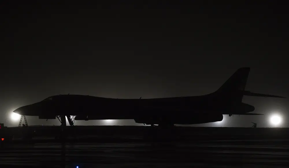 A 9th Expeditionary Bomb Squadron B-1B Lancer sits on the flightline at Andersen Air Force Base, Guam, May 1, 2020. Approximately 200 Airmen and four B-1s assigned to the 7th Bomb Wing at Dyess AFB, Texas, deployed to the Pacific in support of Bomber Task Force. The BTF is deployed to Andersen AFB to support Pacific Air Forces' training efforts with allies, partners and joint forces; and strategic deterrence missions to reinforce the rules-based order in the Indo-Pacific region. (U.S. Air Force photo by Senior Airman River Bruce)