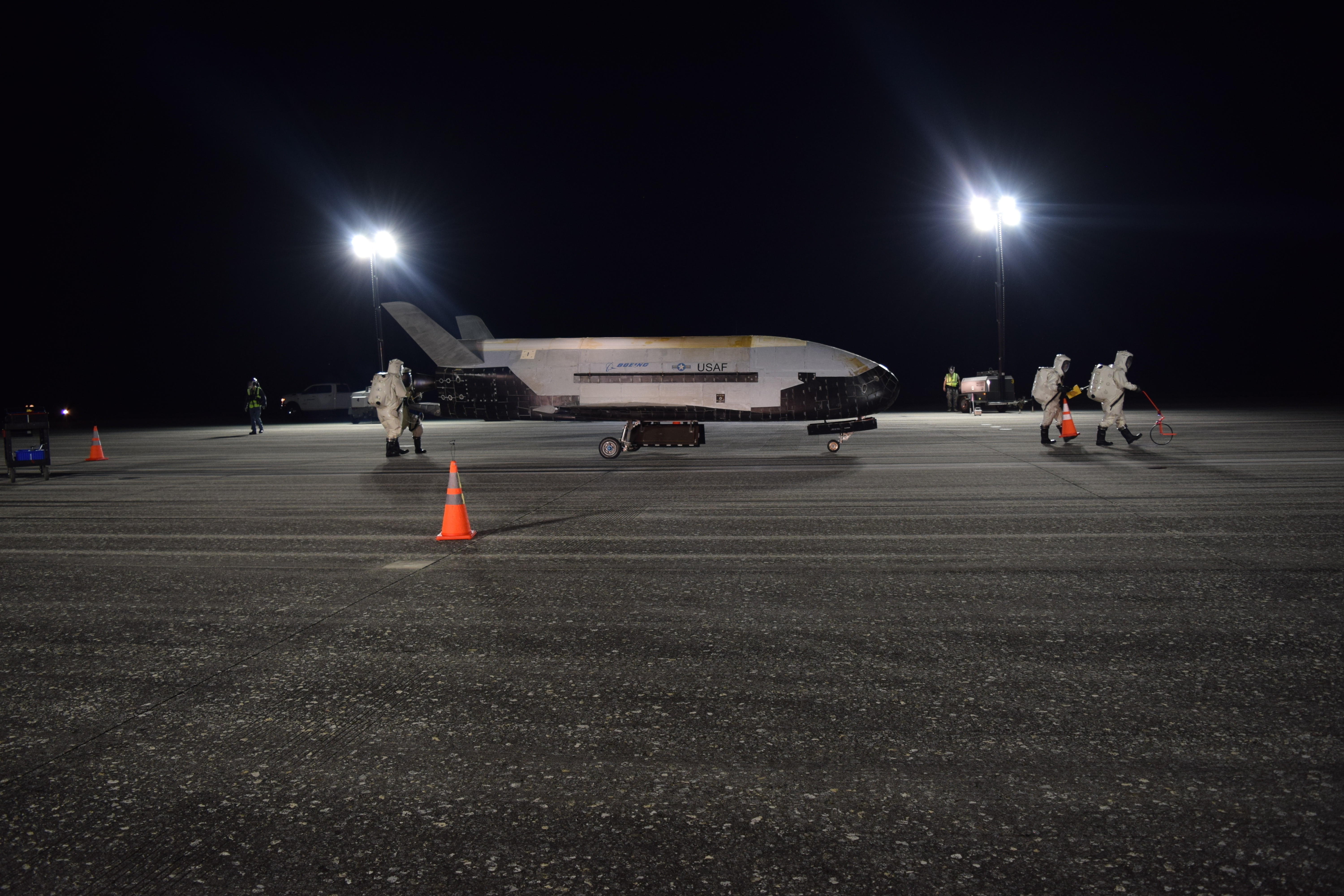 The Air Force's X-37B Orbital Test Vehicle Mission 5 successfully landed at NASA's Kennedy Space Center Shuttle Landing Facility, Oct. 27, 2019. The X-37B OTV is an experimental test program to demonstrate technologies for a reliable, reusable, unmanned space test platform for the Air Force.