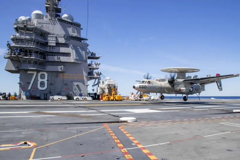 An E-2D Advanced Hawkeye prepares to land on USS Gerald R. Ford's (CVN 78) flight deck during flight operations on May 10, 2020.