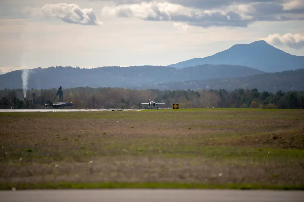 Two F-35 Lightning IIs approach the runway at the Vermont Air National Guard Base, South Burlington, Vt., May 6, 2020. Maj. Michael Cady, chief of weapons and tactics for the 134th Fighter Squadron, Vermont Air National Guard, was piloting the Tail 5278 which achieved the 500th sortie for the Green Mountain Boys. (U.S. Air National Guard photo by Miss Julie M. Shea)