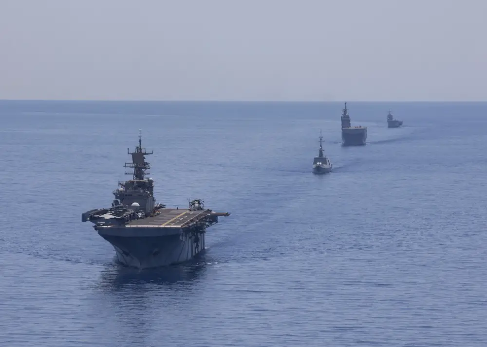 From left to right, the Wasp-class amphibious assault ship USS Bataan (LHD 5), the French frigate FS Guepratte, the French amphibious assault ship FS Mistral and the Italian amphibious transport dock ship ITS San Giorgio sail in formation as part of a maritime training exercise, June 24, 2020. Bataan is conducting operations in U.S. 6th Fleet in support of regional allies and partners, and U.S. national security interests in Europe and Africa. (U.S. Navy photo by Mass Communication Specialist 3rd Class Lenny Weston/Released)