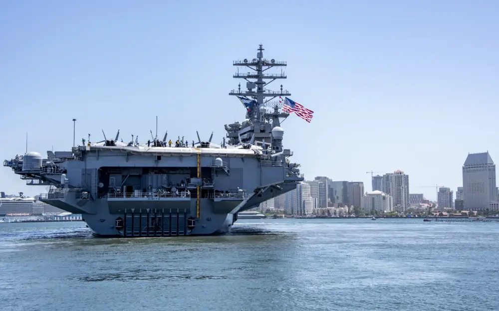  Aircraft carrier USS Nimitz (CVN 68) departs Naval Air Station North Island June 8. Nimitz and elements of the Nimitz Carrier Strike Group (CSG), deployed from San Diego in support of global maritime security operations. (U.S. Navy photo by Mass Communication Specialist 2nd Class Natalie M. Byers)