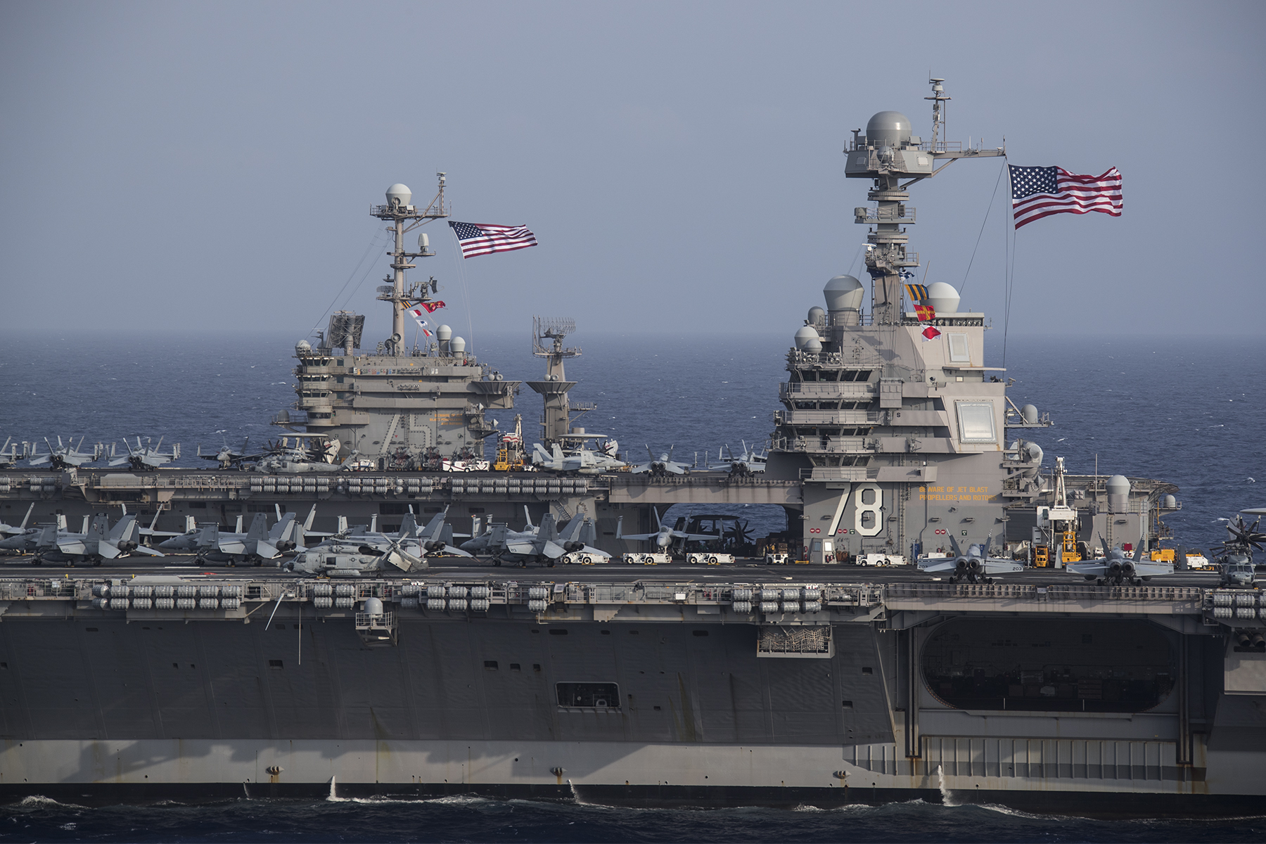 For the First Time USS Gerald R. Ford Steams Alongside USS Harry S. Truman