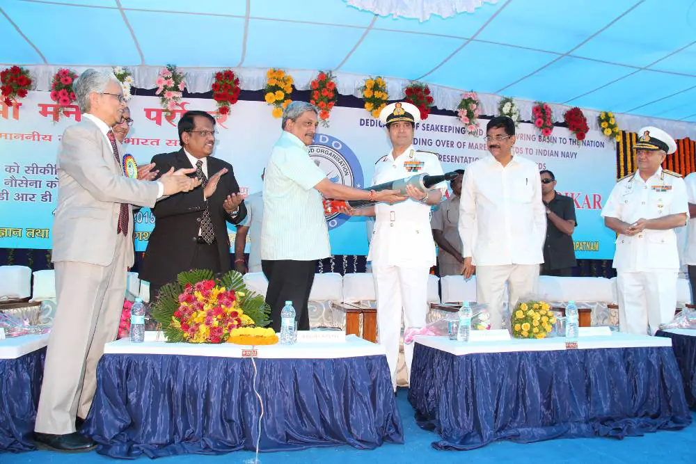 The Union Minister for Defence, Shri Manohar Parrikar handed over the Maareech - Advanced Torpedo Defence System developed by DRDO to Admiral RK Dhowan, Chief of the Naval Staff at Naval Science and Technological Laboratory (NSTL), Visakhapatnam