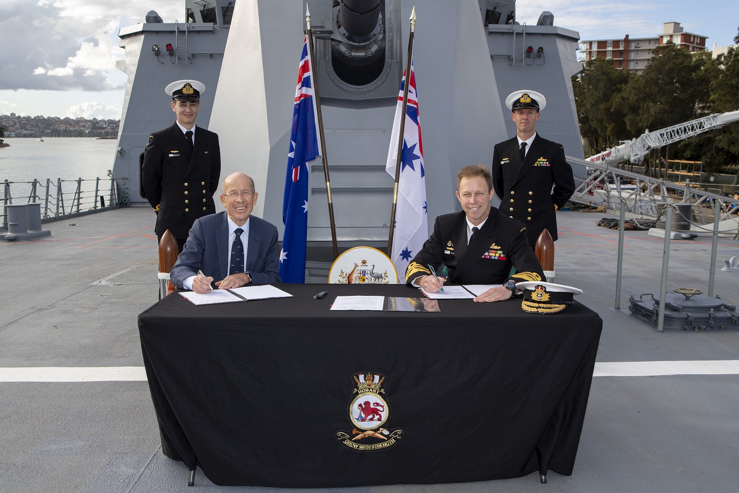 The Chief of Navy, Vice Admiral Mike Noonan AO,RAN, and the Chairman of Navantia Australia, Mr Warren King sign a Principles for Strategic Agreement onboard HMAS Hobart alongside Garden Island, Sydney. 