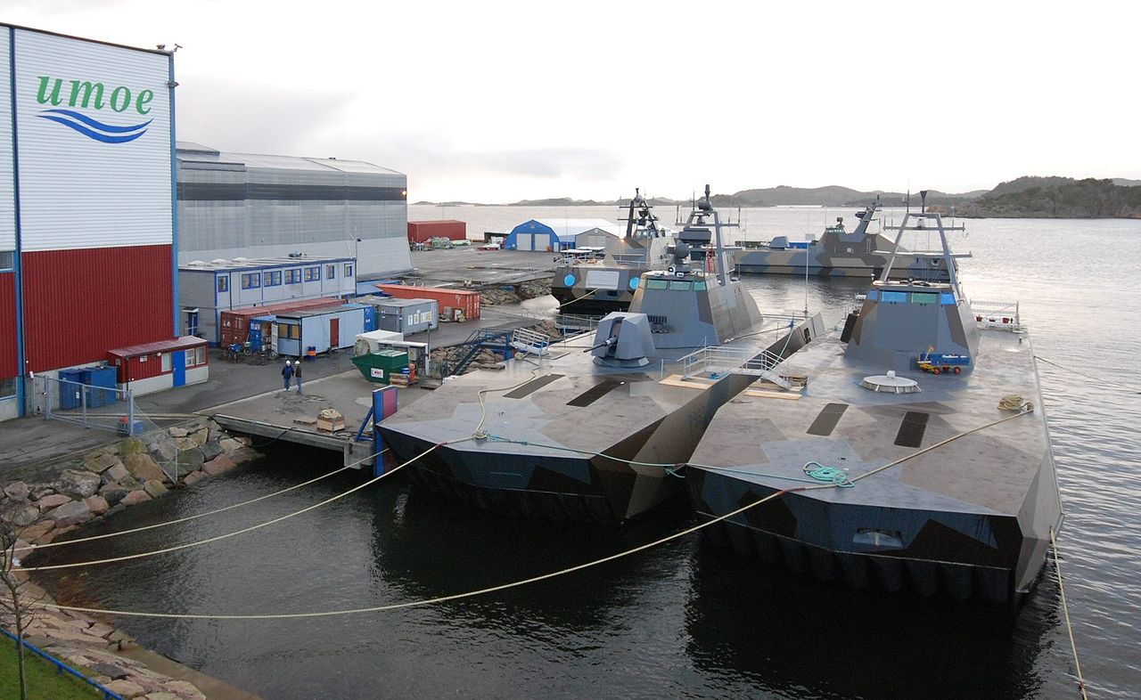 Skjold-class corvettes in harbour at Umoe Mandal shipyard, Norway.