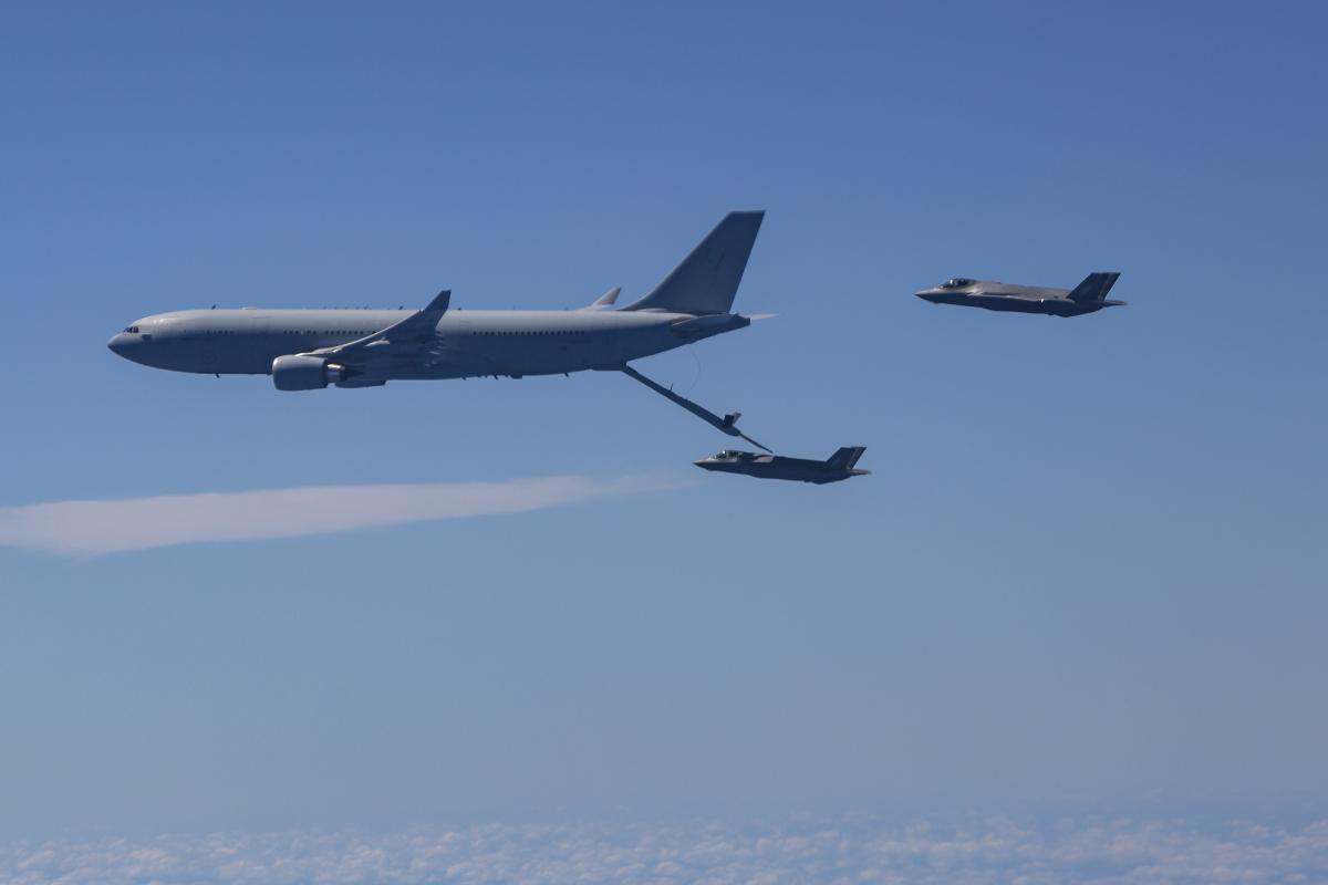 Royal Australian Air Force Airbus KC-30A Multi Role Tanker Transport aircraft refuels F-35A aircraft during their journey to Australia. (Photo: Corporal Dan Pinhorn/RAAF)