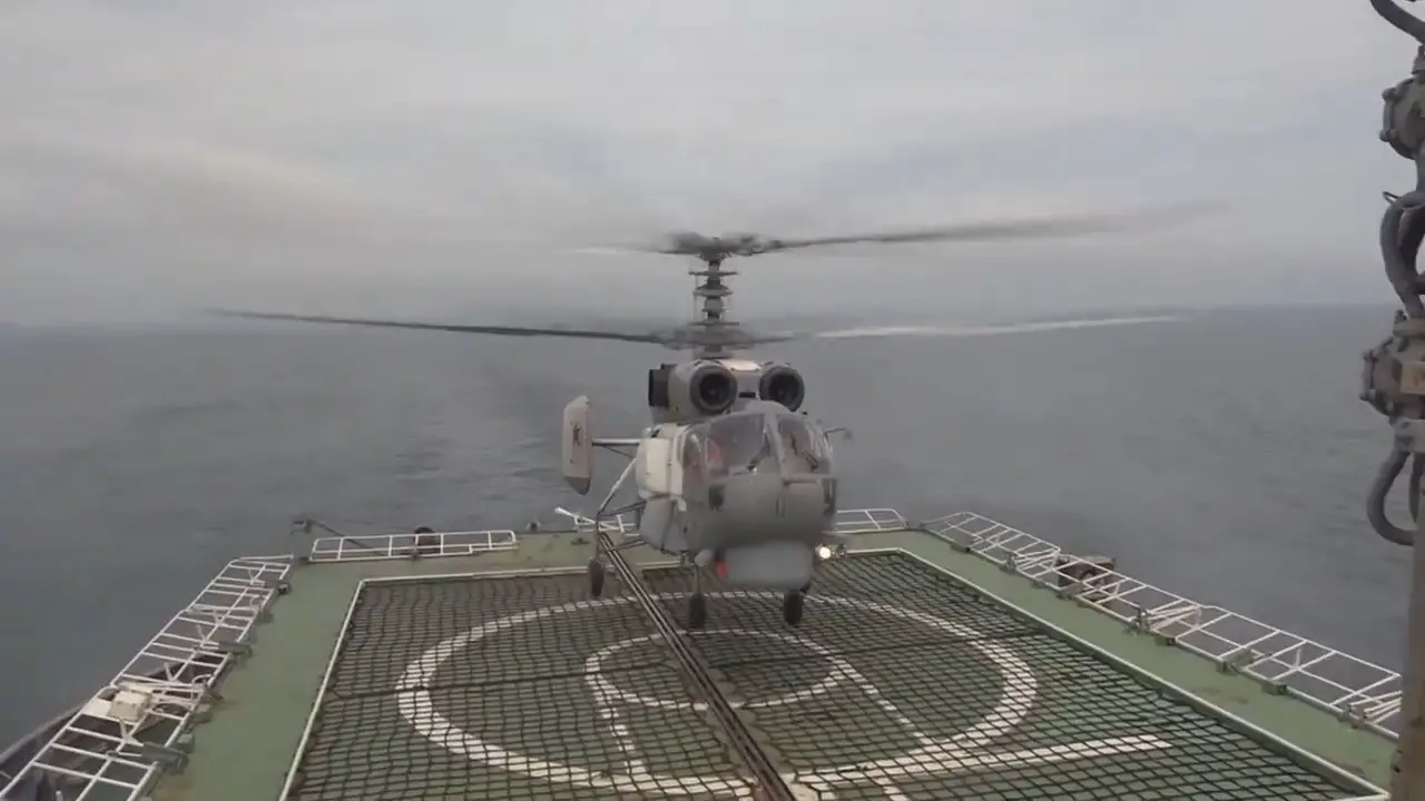 Russian Pacific Fleet Naval Aviation Ka-27 Helicopters Complete Decking on Moving Ship
