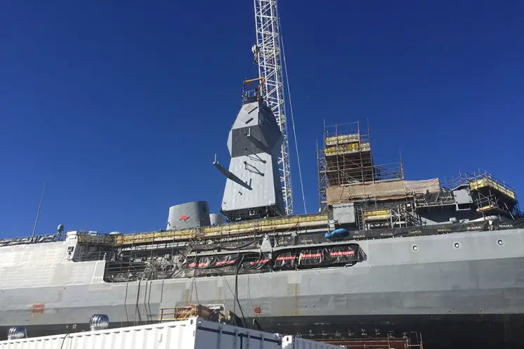Royal Australian Navy HMAS Warramunga gets a new mast as part of the Anzac Class Midlife Capability Assurance Program upgrade, at Henderson Shipyard, WA.