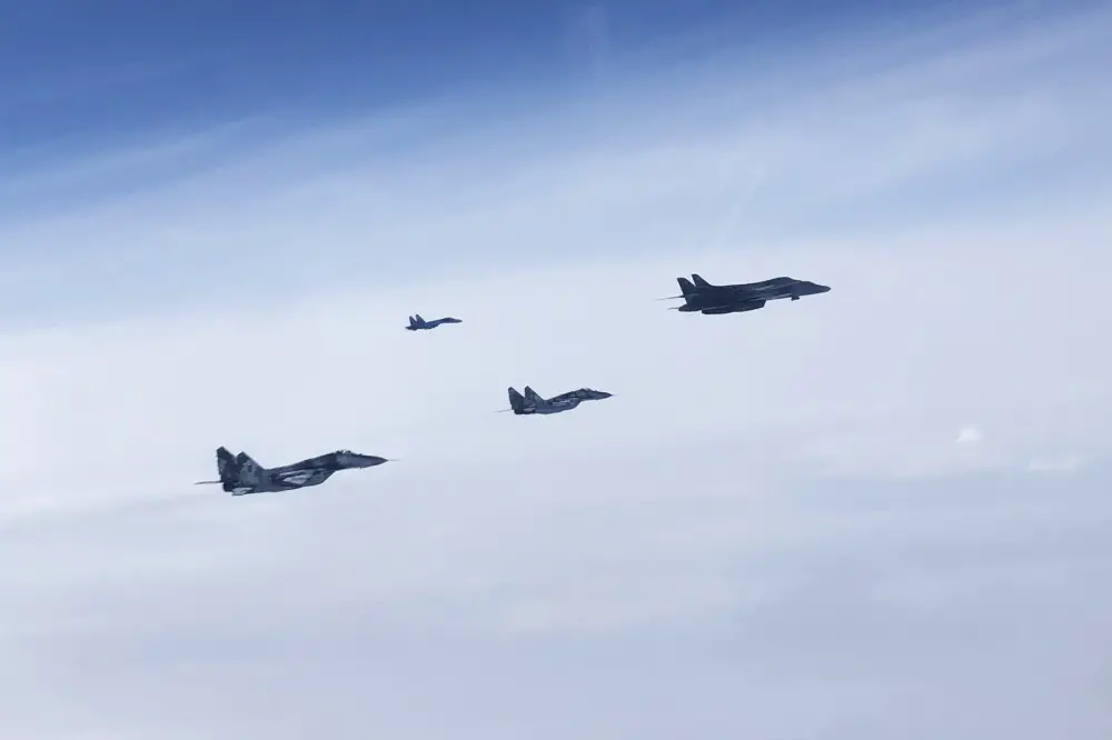 A Ukrainian Su-27 Flanker and MiG-29 Fulcrum escort two B1B Lancers during a training mission for Bomber Task Force Europe, May 29, 2020.