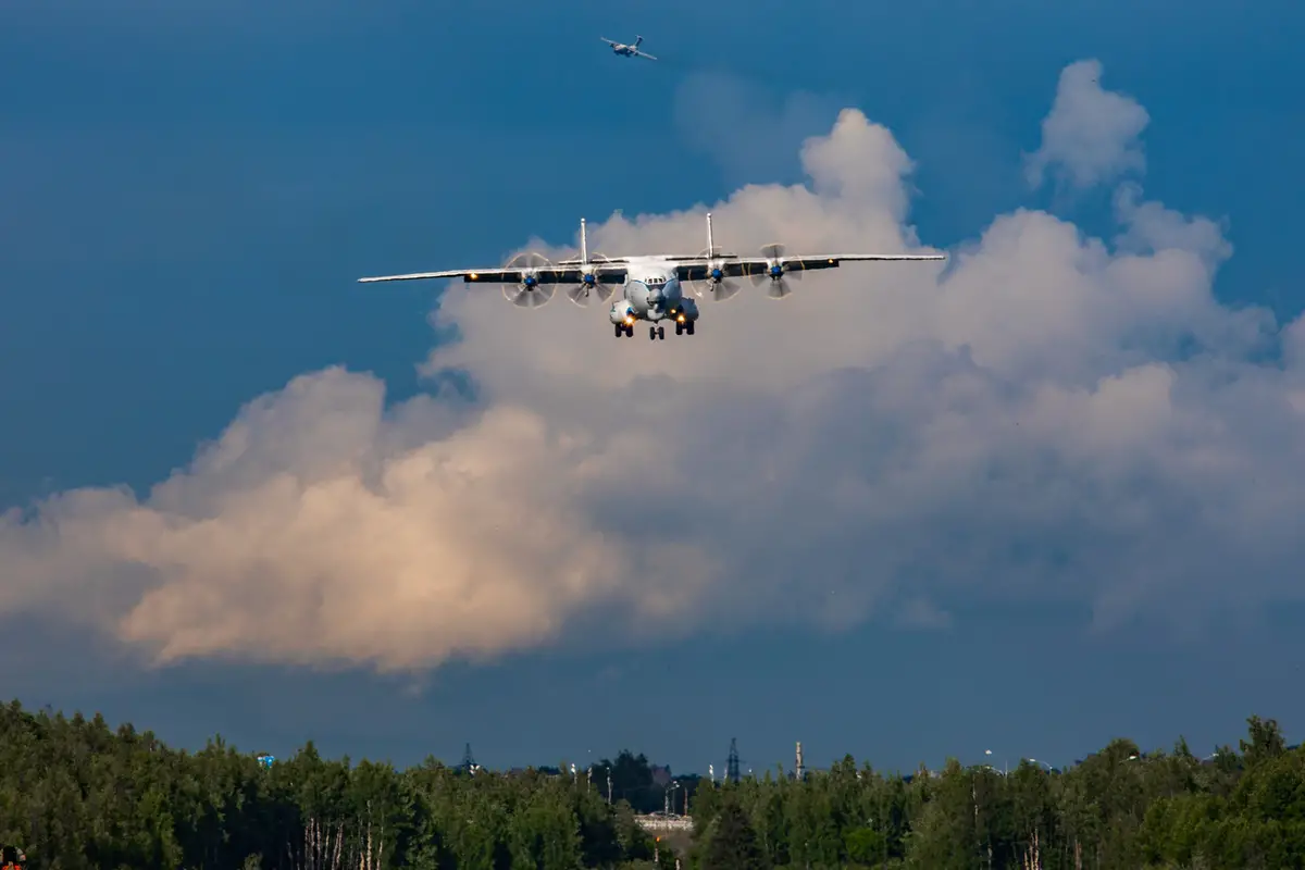 Russian Air Force Flies An-22 Antey Heavy Military Turboprop Aircraft