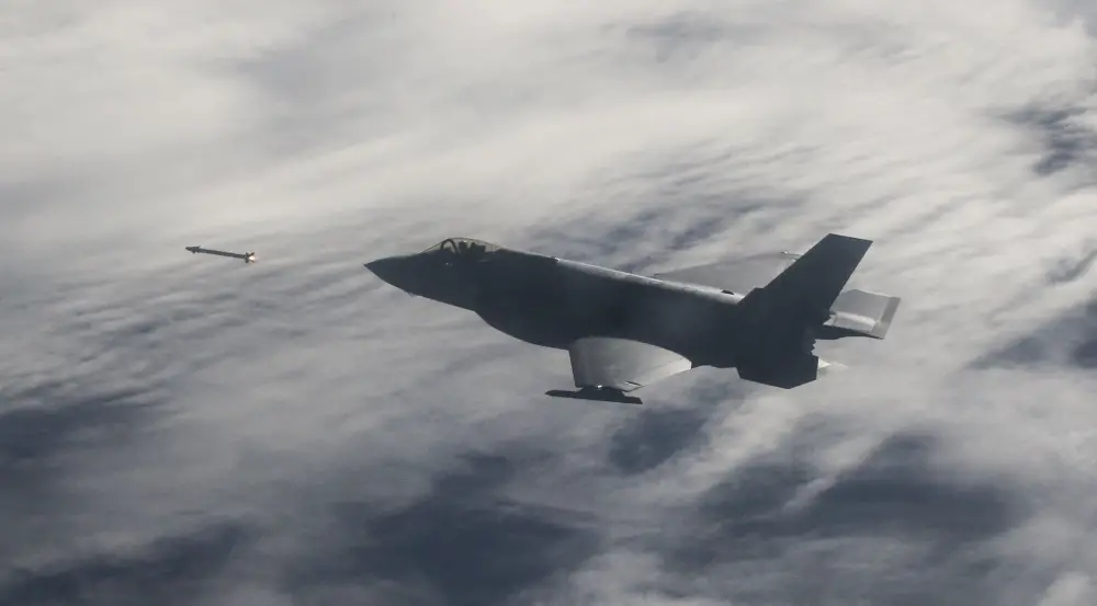 F-35A Lightning II test aircraft assigned to the 31st Test Evaluation Squadron from Edwards Air Force Base, California, released AIM-120 AMRAAM and AIM-9X missiles at QF-16 targets during a live-fire test over an Air Force range in the Gulf of Mexico
