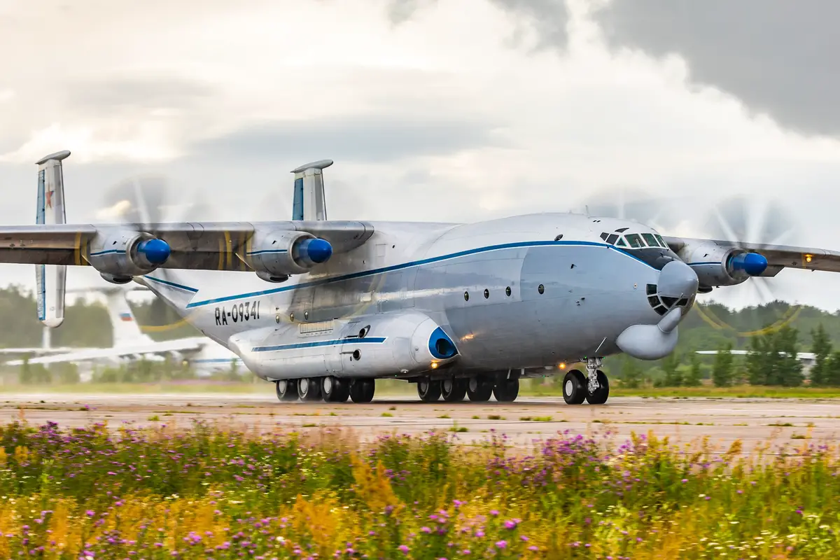 Russian Air Force Flies An-22 Antey Heavy Military Turboprop Aircraft