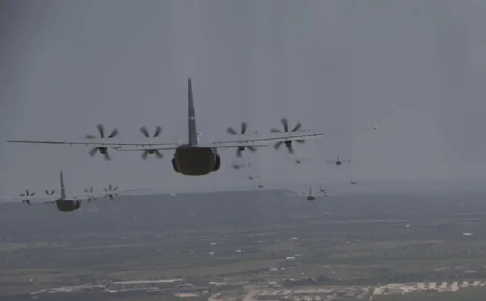 Multiple C-130J Super Hercules aircraft from the 19th Airlift Wing and 317th AW fly in formation during the Herk Nation Stampede, July 14, 2020. In total, the 