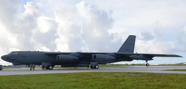 A U.S. Air Force B-52H Stratofortress bomber, deployed from Barksdale Air Force Base, La. lands at Andersen Air Base, Guam, July 4, 2020. The B-52 flew the 28-hour mission to demonstrate U.S. Indo-Pacific Command's commitment to the security and stability of the Indo-Pacific region. (U.S. Air Force photo by Staff Sgt. Nicholas Crisp)