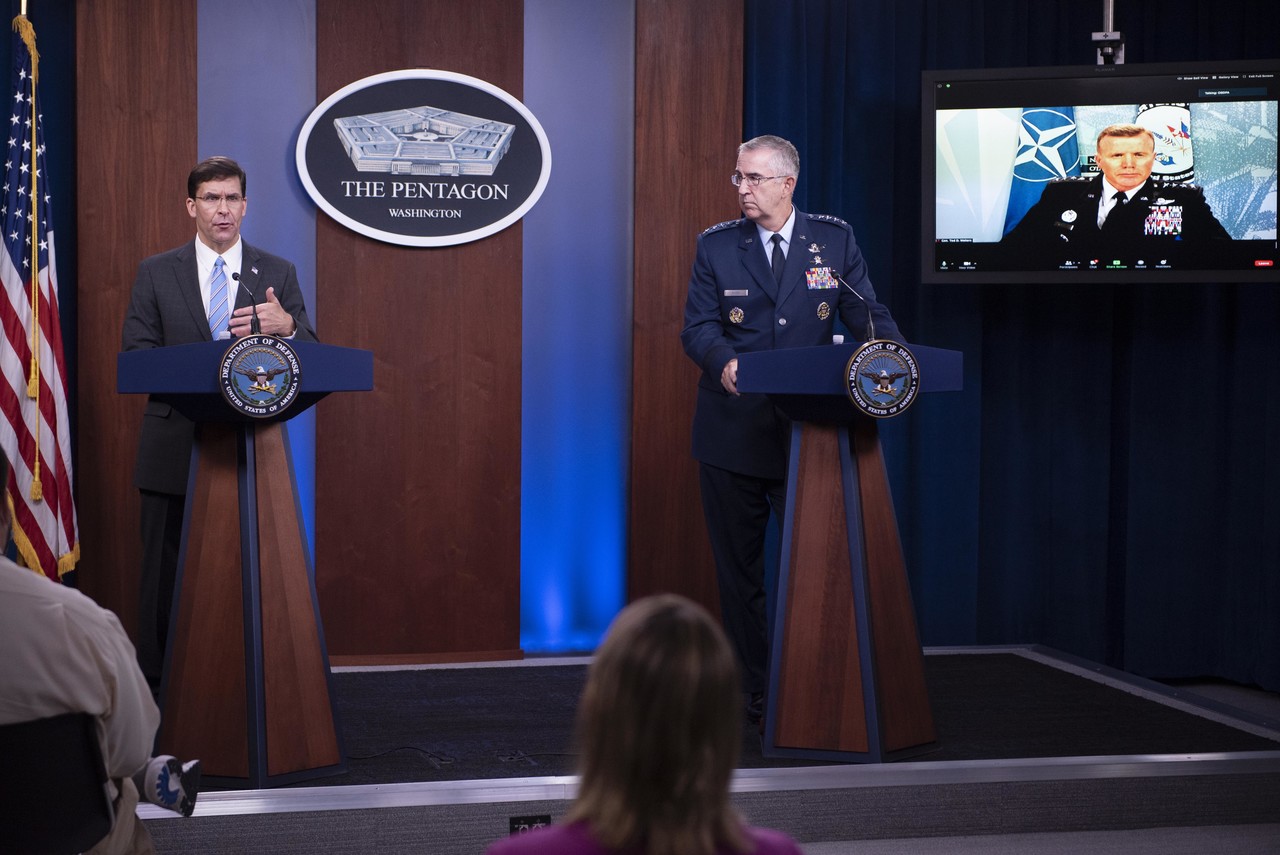 efense Secretary Dr. Mark T. Esper; Air Force Gen. John E. Hyten, vice chairman of the Joint Chiefs of Staff; and Air Force Gen. Tod D. Wolters, commander of U.S. European Command, brief the media on the European Strategic Force Posture Review at the Pentagon, July 29, 2020.